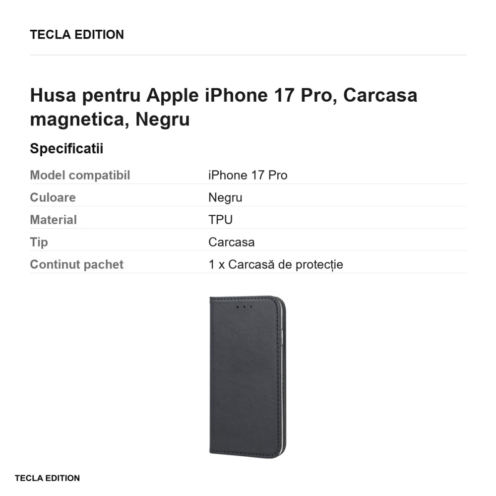 Husa Smart Magnetic pentru Apple iPhone 17 Pro, tip carte cu inchidere magnetica, Negru [3]