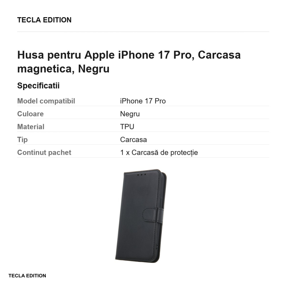 Husa Smart Classic pentru Apple iPhone 17 Pro, tip carte cu inchidere magnetica, Negru [3]