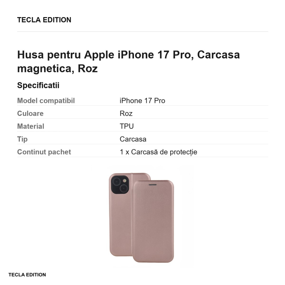 Husa Smart Diva rose pentru Apple iPhone 17 Pro, tip carte cu inchidere magnetica, Roz [3]