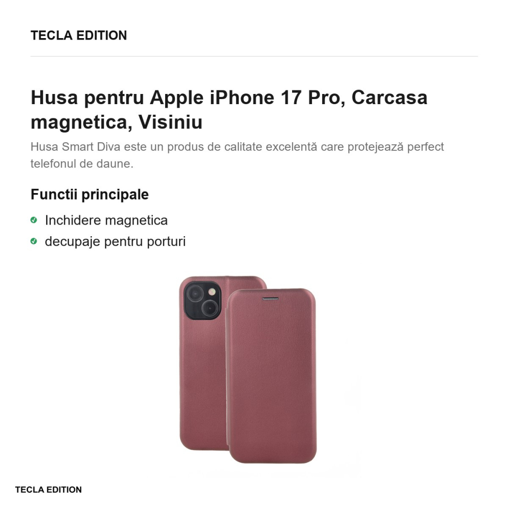 Husa Smart Diva pentru Apple iPhone 17 Pro, tip carte cu inchidere magnetica, Visiniu [2]