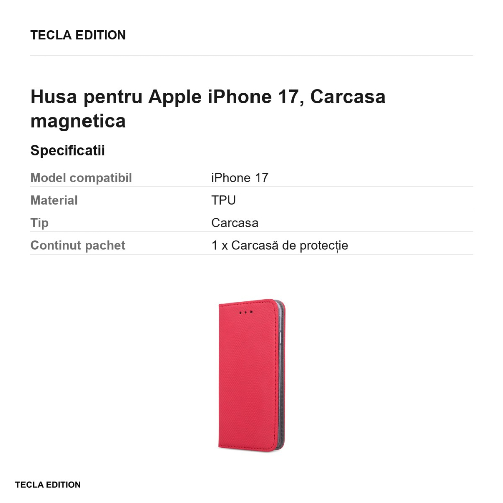 Husa Smart Magnet pentru Apple iPhone 17, tip carte cu inchidere magnetica, Rosu [3]