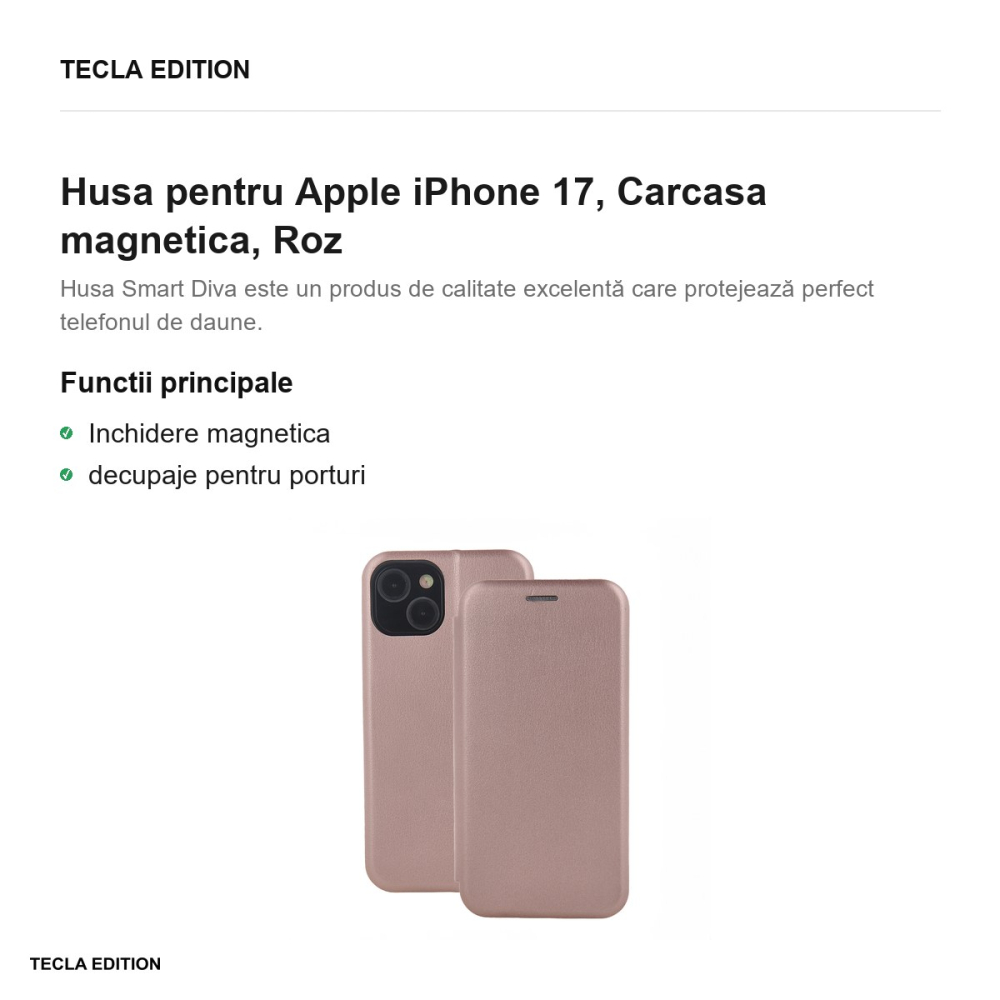 Husa Smart Diva rose pentru Apple iPhone 17, tip carte cu inchidere magnetica, Roz [2]