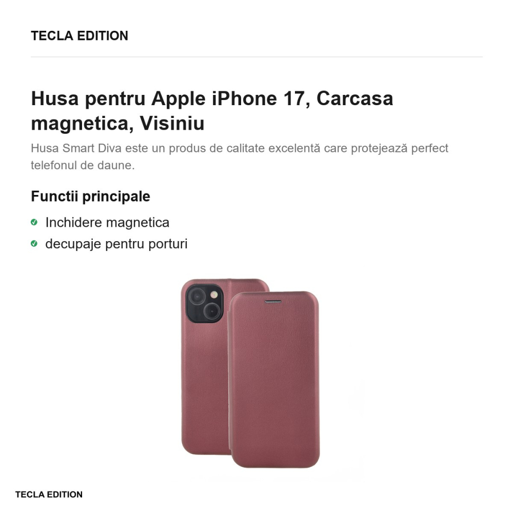 Husa Smart Diva pentru Apple iPhone 17, tip carte cu inchidere magnetica, Visiniu [2]
