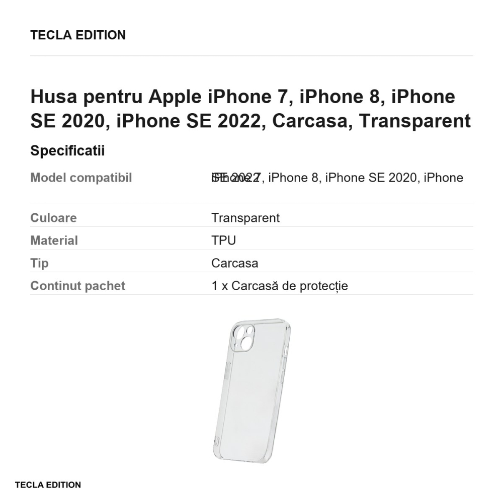 Husa pentru Apple iPhone 7, iPhone 8, iPhone SE 2020, iPhone SE 2022, Carcasa, Transparent [3]