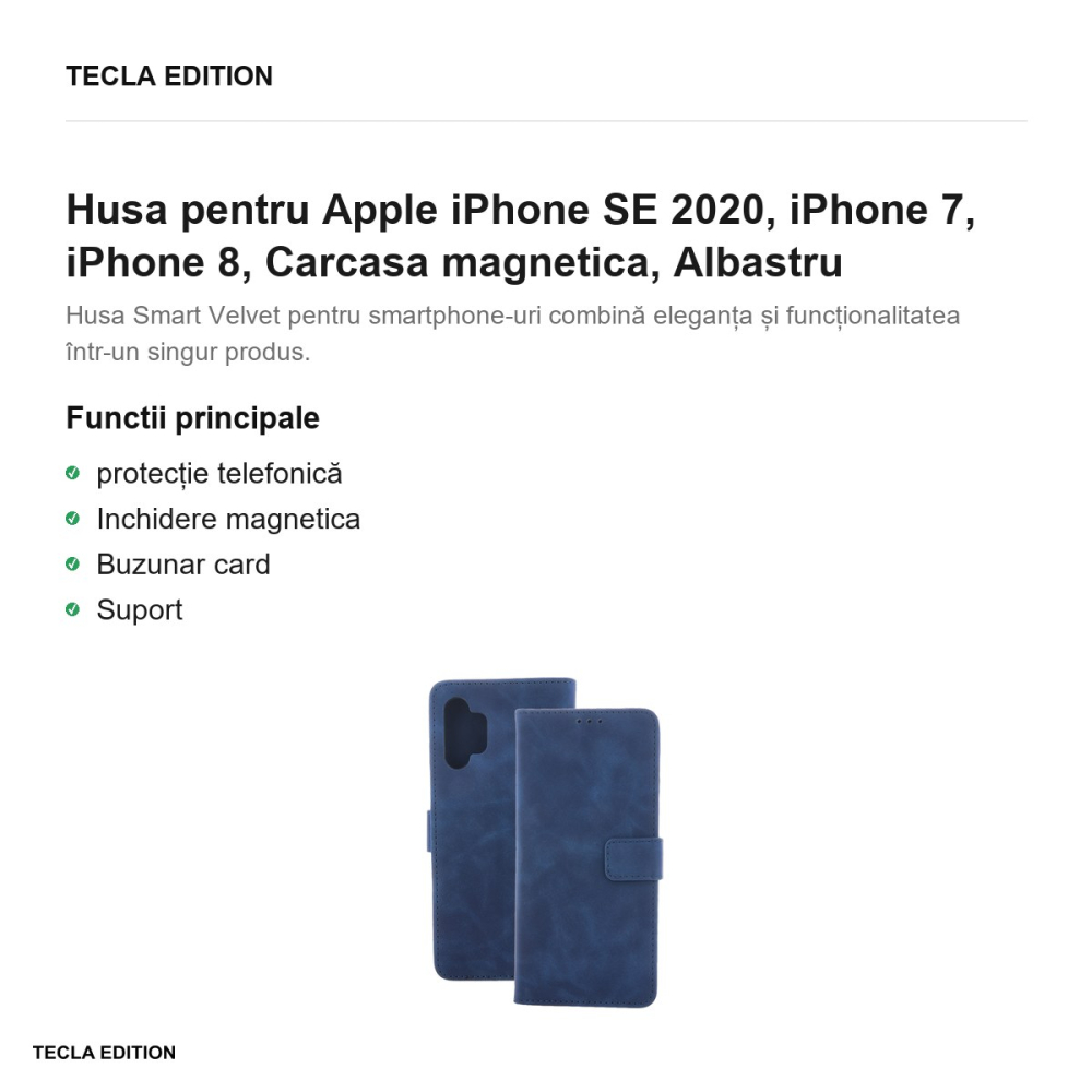 Husa Smart Velvet pentru Apple iPhone SE 2020, iPhone 7, iPhone 8, tip carte cu inchidere magnetica, Albastru [2]