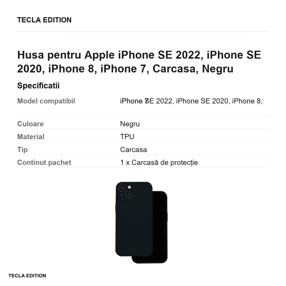 Husa Silicon pentru Apple iPhone SE 2022, iPhone SE 2020, iPhone 8, iPhone 7, Carcasa, Negru [3]