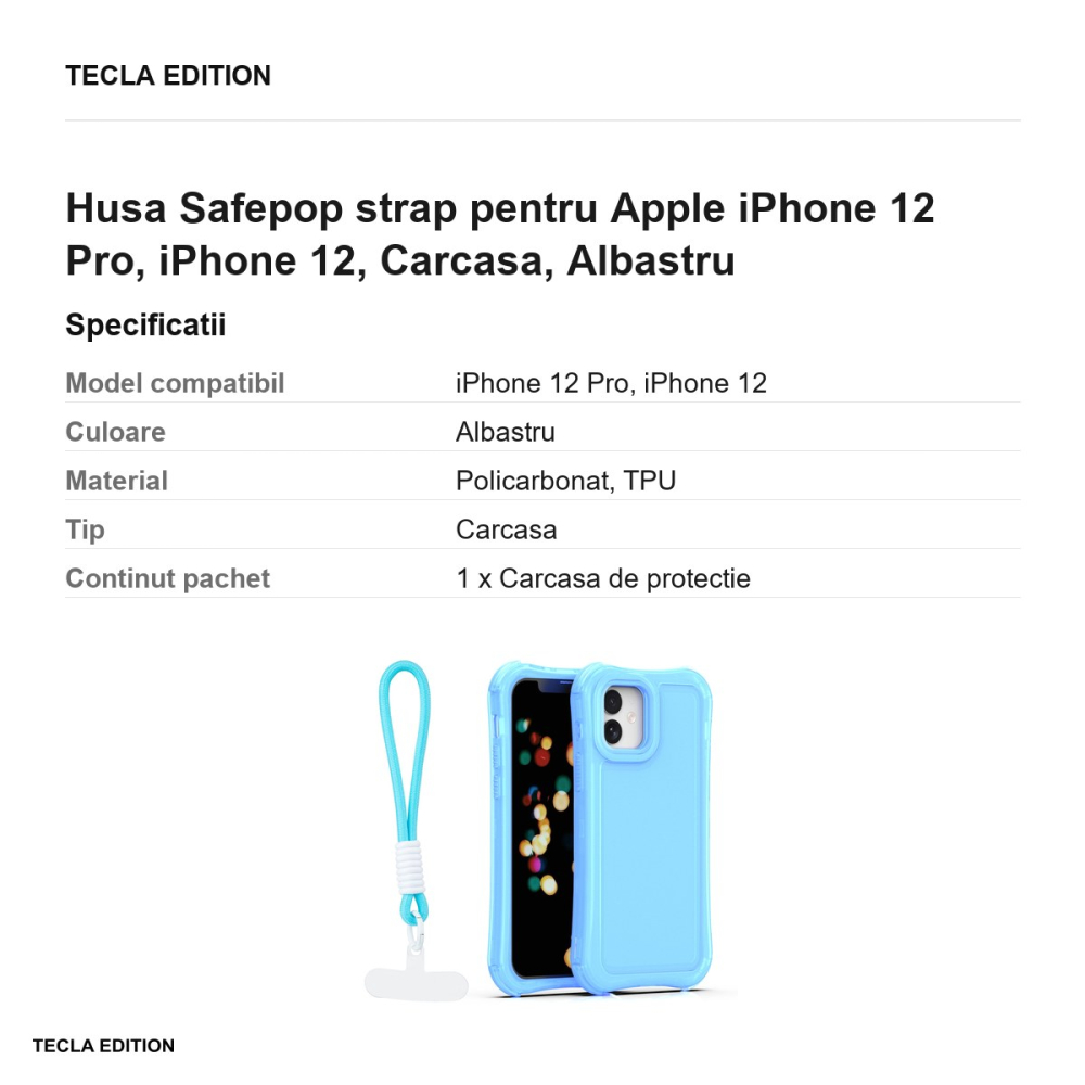 Husa Safepop strap pentru Apple iPhone 12 Pro, iPhone 12, Carcasa, Albastru [3]
