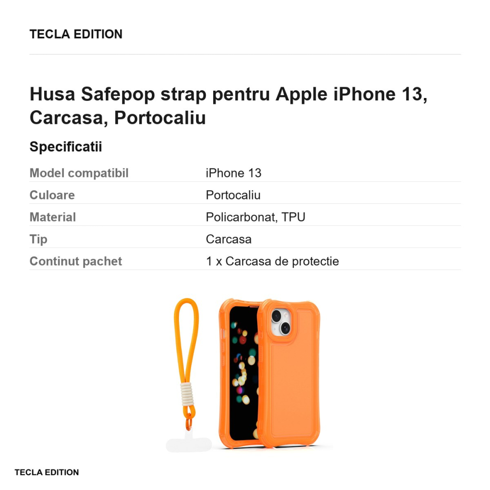 Husa Safepop strap pentru Apple iPhone 13, Carcasa, Portocaliu [3]