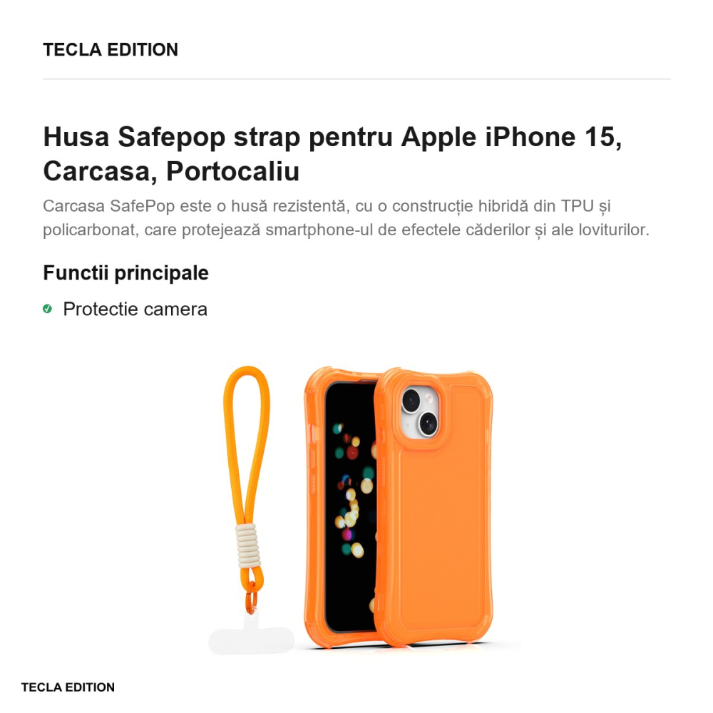 Husa Safepop strap pentru Apple iPhone 15, Carcasa, Portocaliu [2]