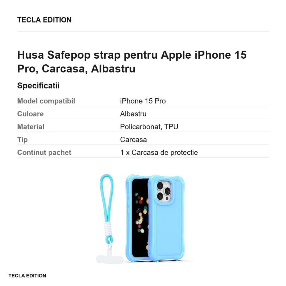 Husa Safepop strap pentru Apple iPhone 15 Pro, Carcasa, Albastru [3]