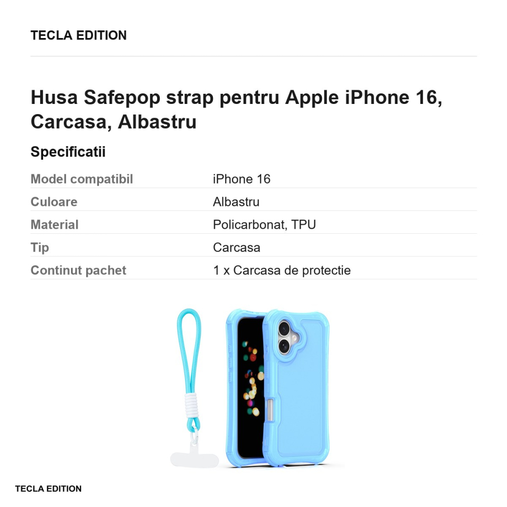 Husa Safepop strap pentru Apple iPhone 16, Carcasa, Albastru [3]