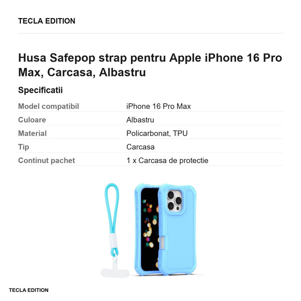 Husa Safepop strap pentru Apple iPhone 16 Pro Max, Carcasa, Albastru [3]