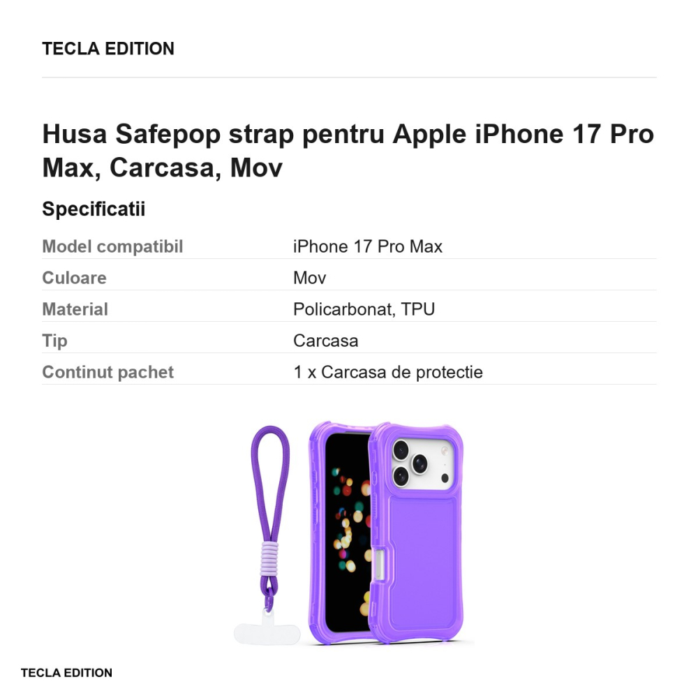Husa Safepop strap pentru Apple iPhone 17 Pro Max, Carcasa, Mov [3]