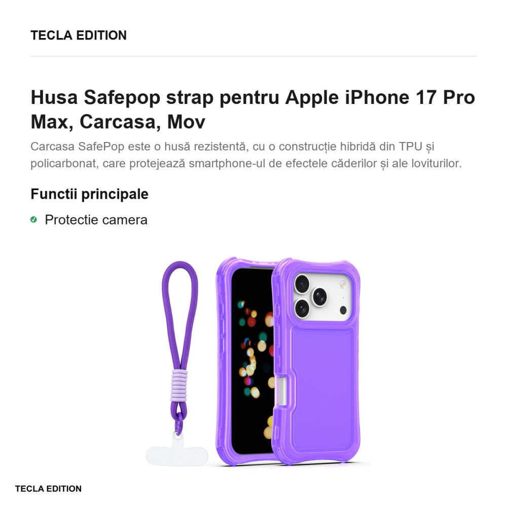 Husa Safepop strap pentru Apple iPhone 17 Pro Max, Carcasa, Mov [2]
