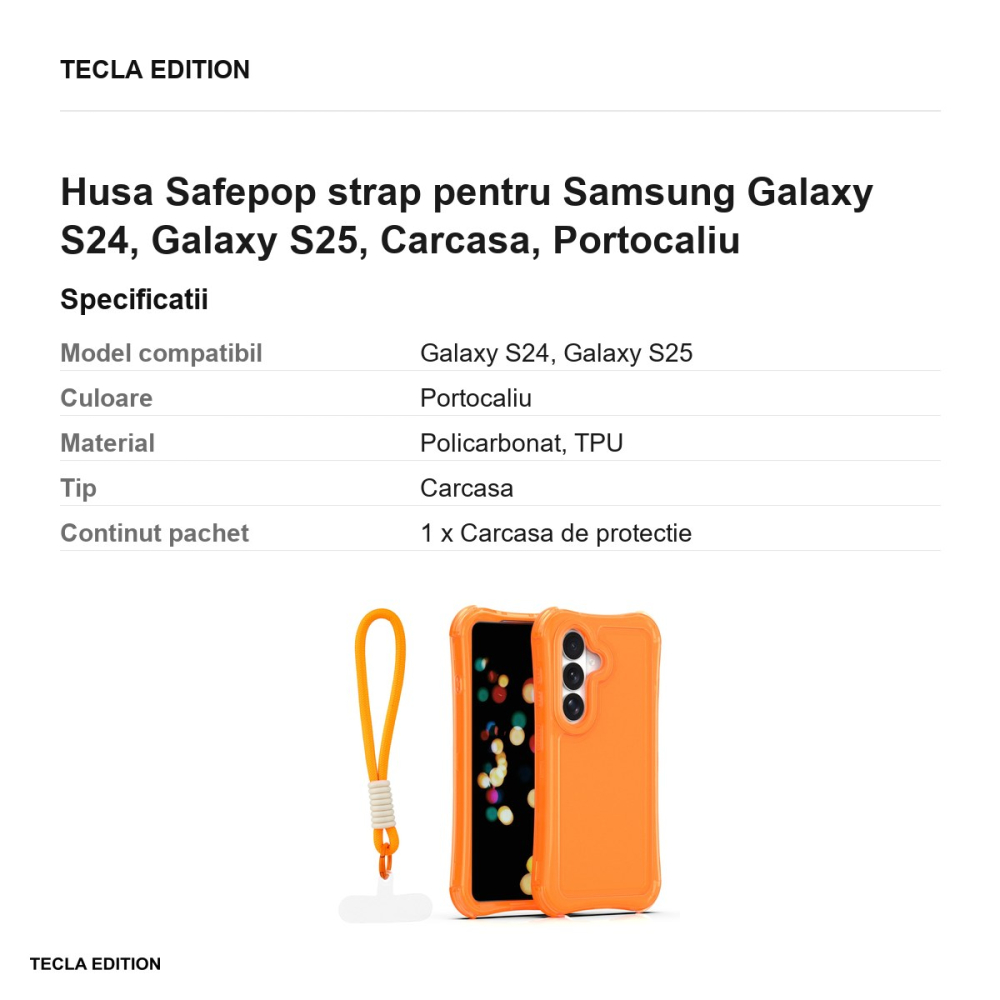 Husa Safepop strap pentru Samsung Galaxy S24, Galaxy S25, Carcasa, Portocaliu [3]