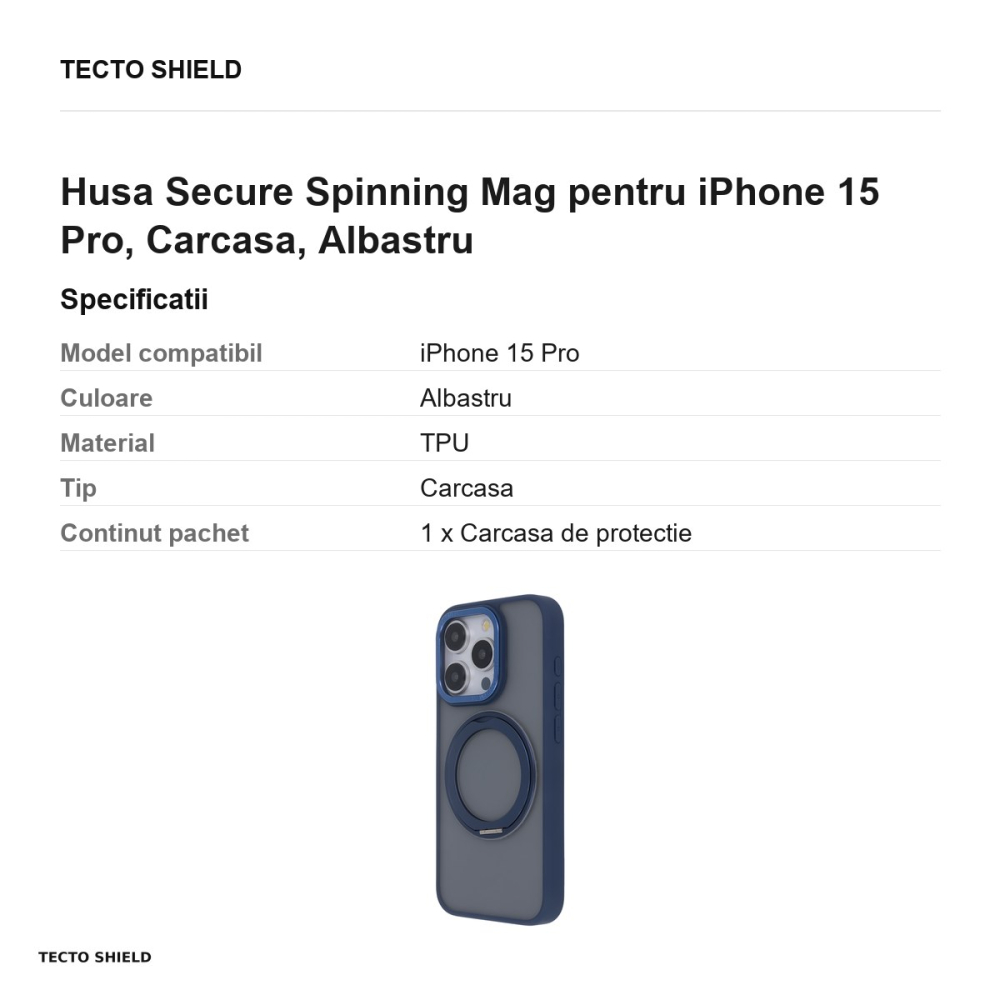 Husa Secure Spinning Mag pentru iPhone 15 Pro, Carcasa, Albastru [3]