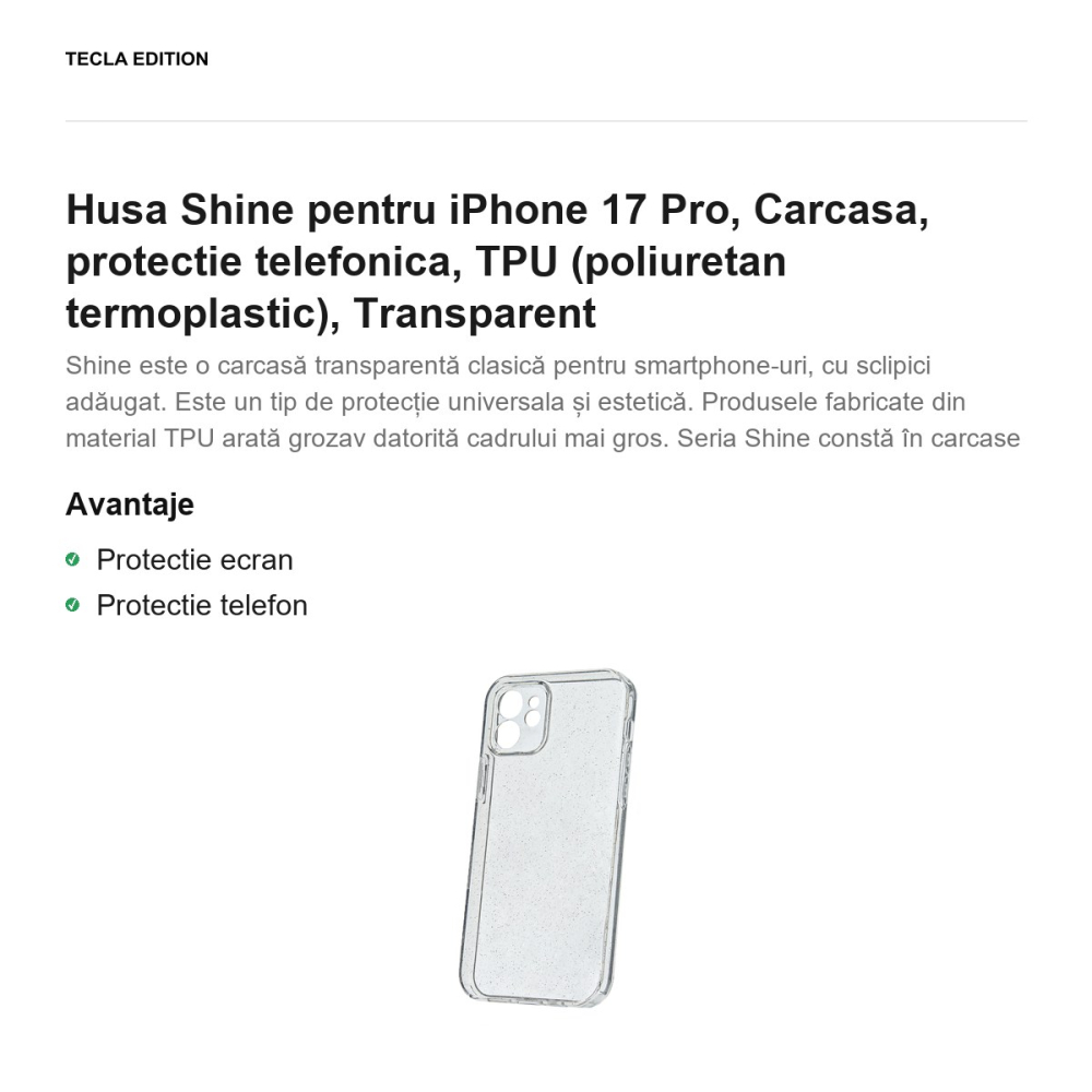 Husa Shine pentru iPhone 17 Pro, Carcasa, protectie telefonica, TPU (poliuretan termoplastic), Transparent [2]