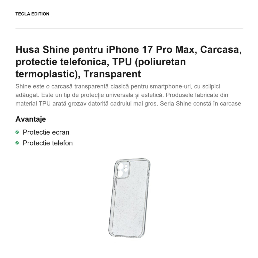 Husa Shine pentru iPhone 17 Pro Max, Carcasa, protectie telefonica, TPU (poliuretan termoplastic), Transparent [2]