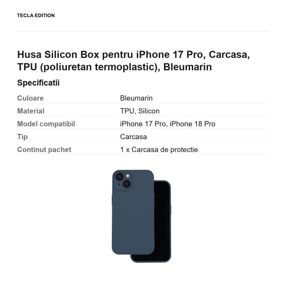 Husa Silicon Box pentru iPhone 17 Pro, Carcasa, TPU (poliuretan termoplastic), Bleumarin [3]