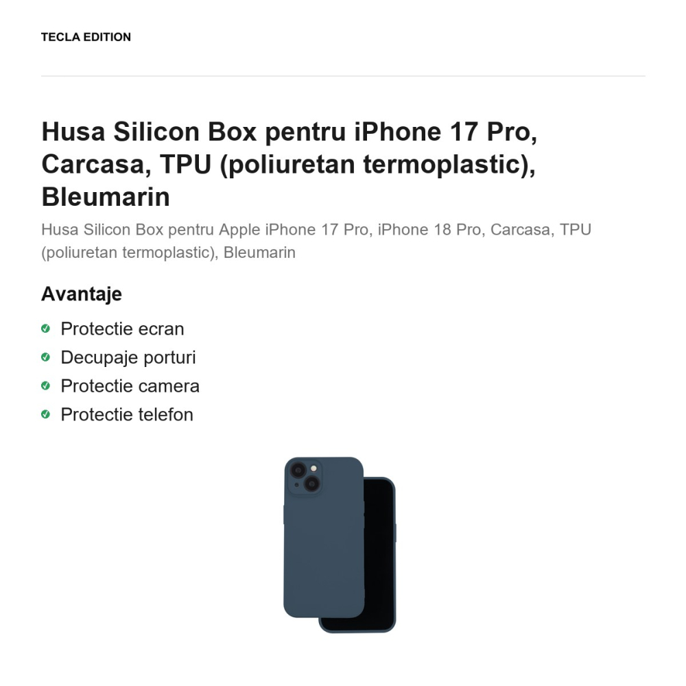 Husa Silicon Box pentru iPhone 17 Pro, Carcasa, TPU (poliuretan termoplastic), Bleumarin [2]