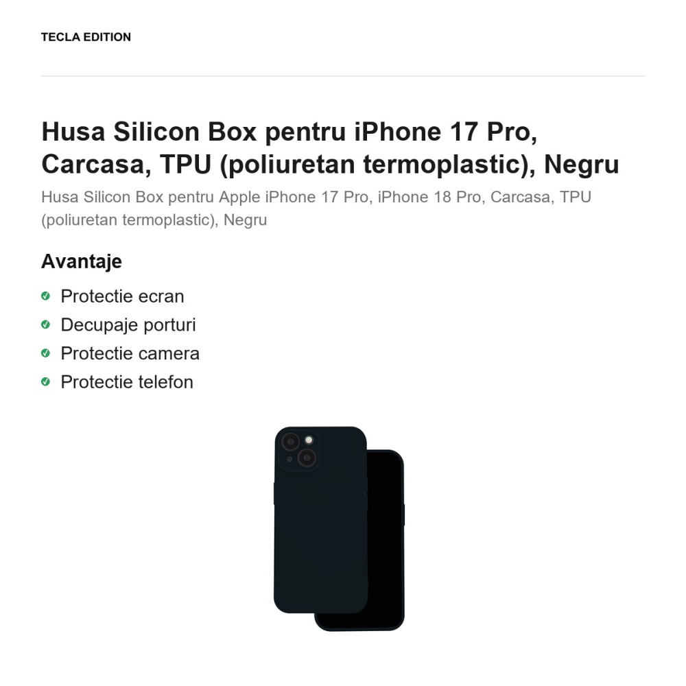 Husa Silicon Box pentru iPhone 17 Pro, Carcasa, TPU (poliuretan termoplastic), Negru [2]