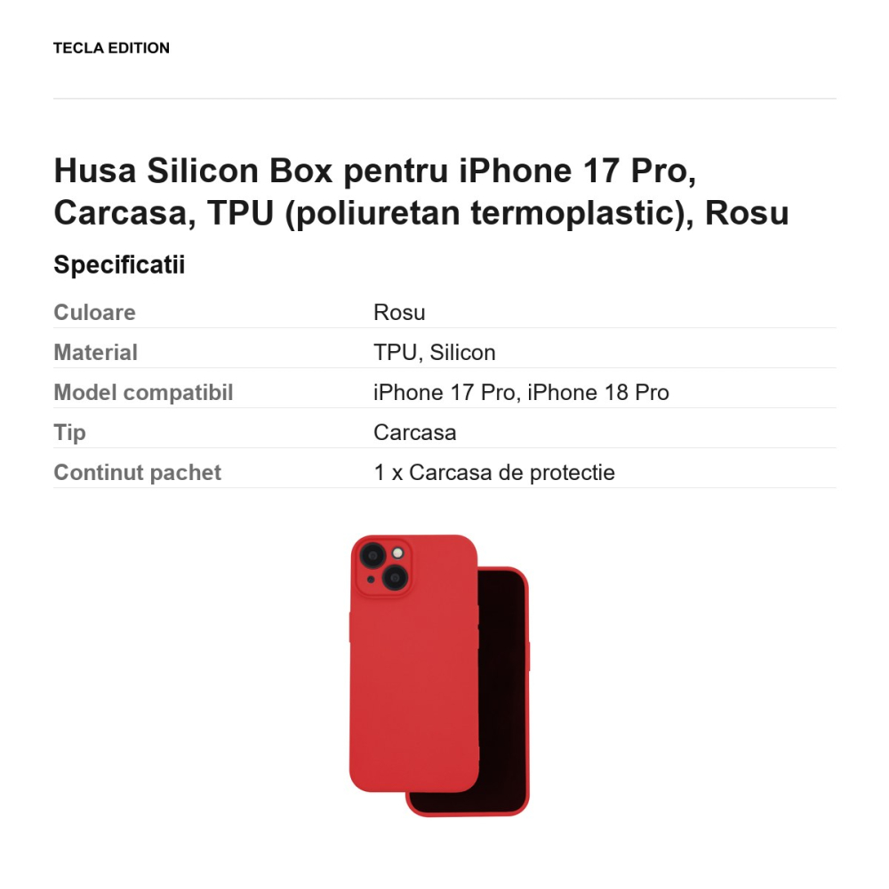 Husa Silicon Box pentru iPhone 17 Pro, Carcasa, TPU (poliuretan termoplastic), Rosu [3]