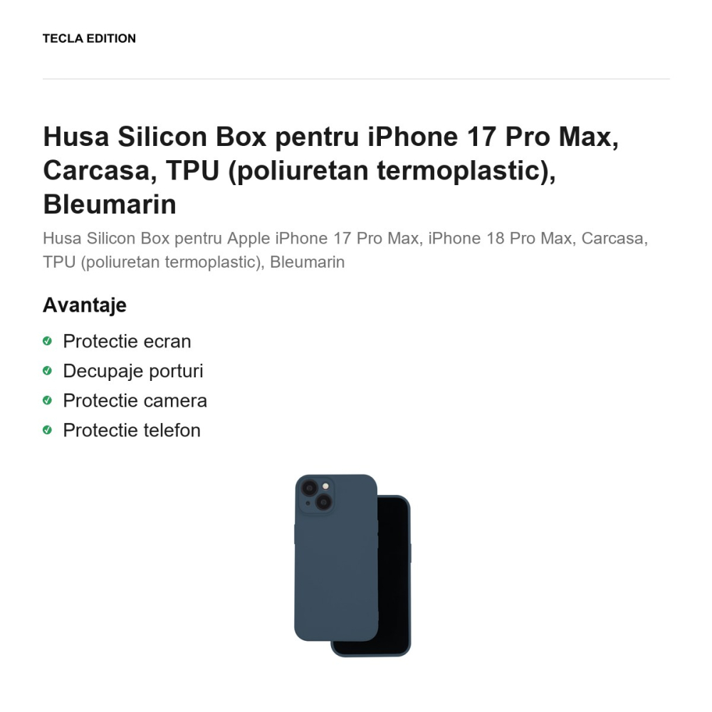 Husa Silicon Box pentru iPhone 17 Pro Max, Carcasa, TPU (poliuretan termoplastic), Bleumarin [2]