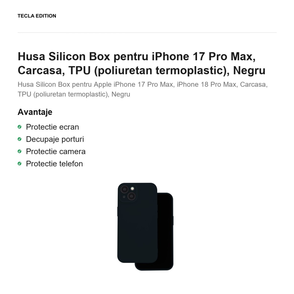 Husa Silicon Box pentru iPhone 17 Pro Max, Carcasa, TPU (poliuretan termoplastic), Negru [2]