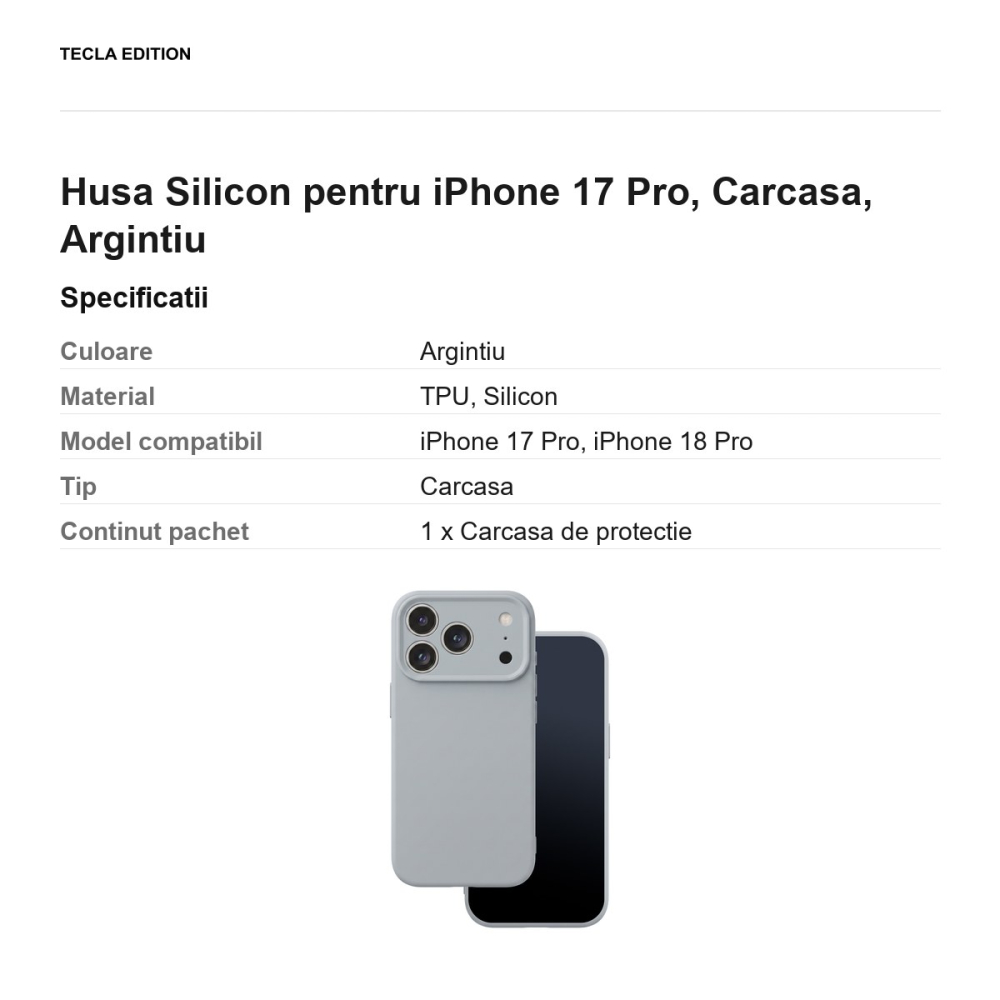 Husa Silicon pentru iPhone 17 Pro, Carcasa, Argintiu [3]