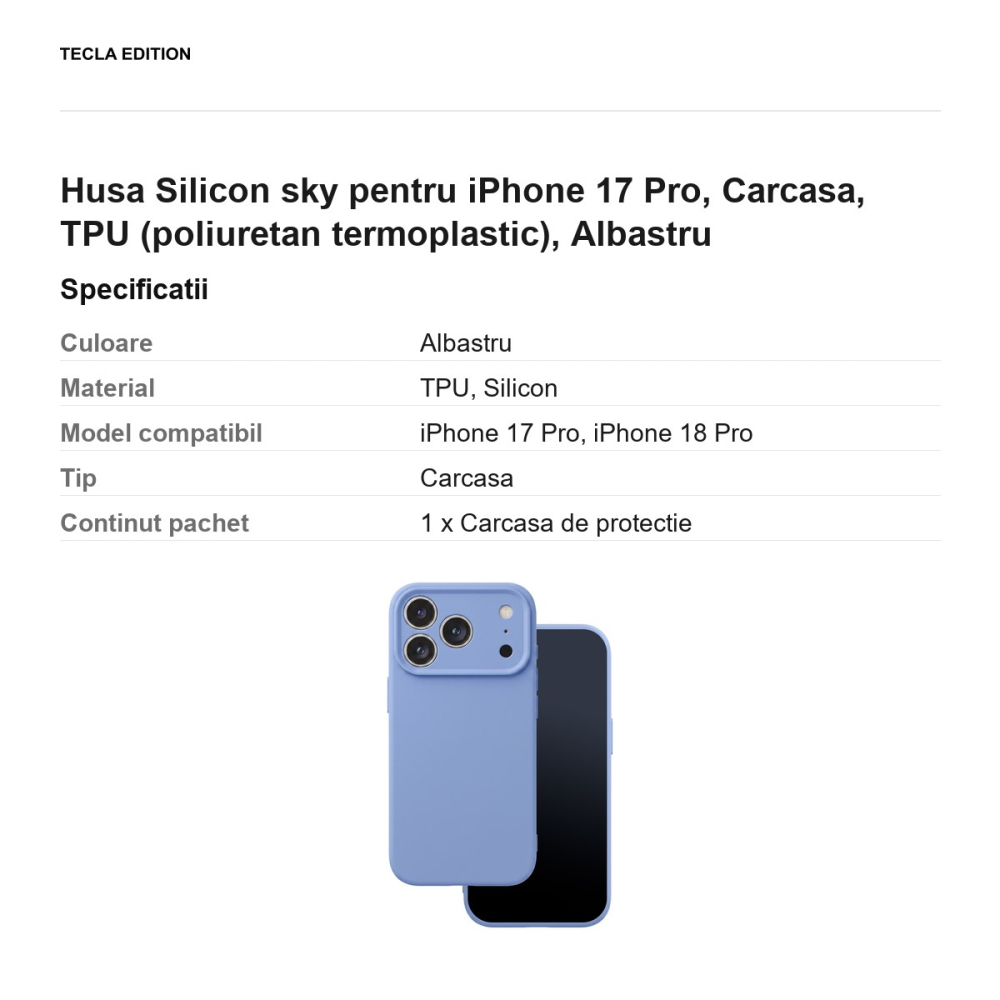 Husa Silicon sky pentru iPhone 17 Pro, Carcasa, TPU (poliuretan termoplastic), Albastru [3]