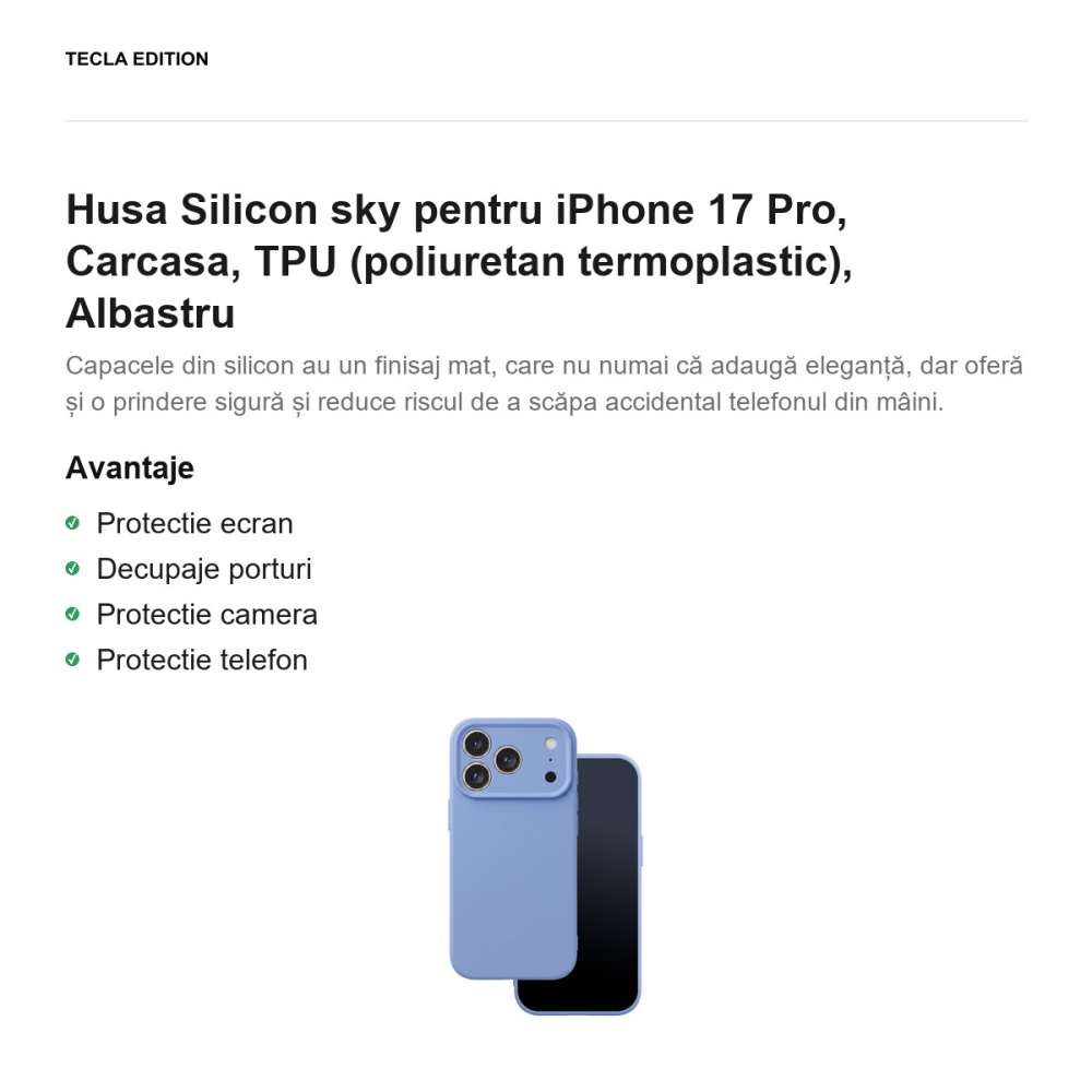 Husa Silicon sky pentru iPhone 17 Pro, Carcasa, TPU (poliuretan termoplastic), Albastru [2]