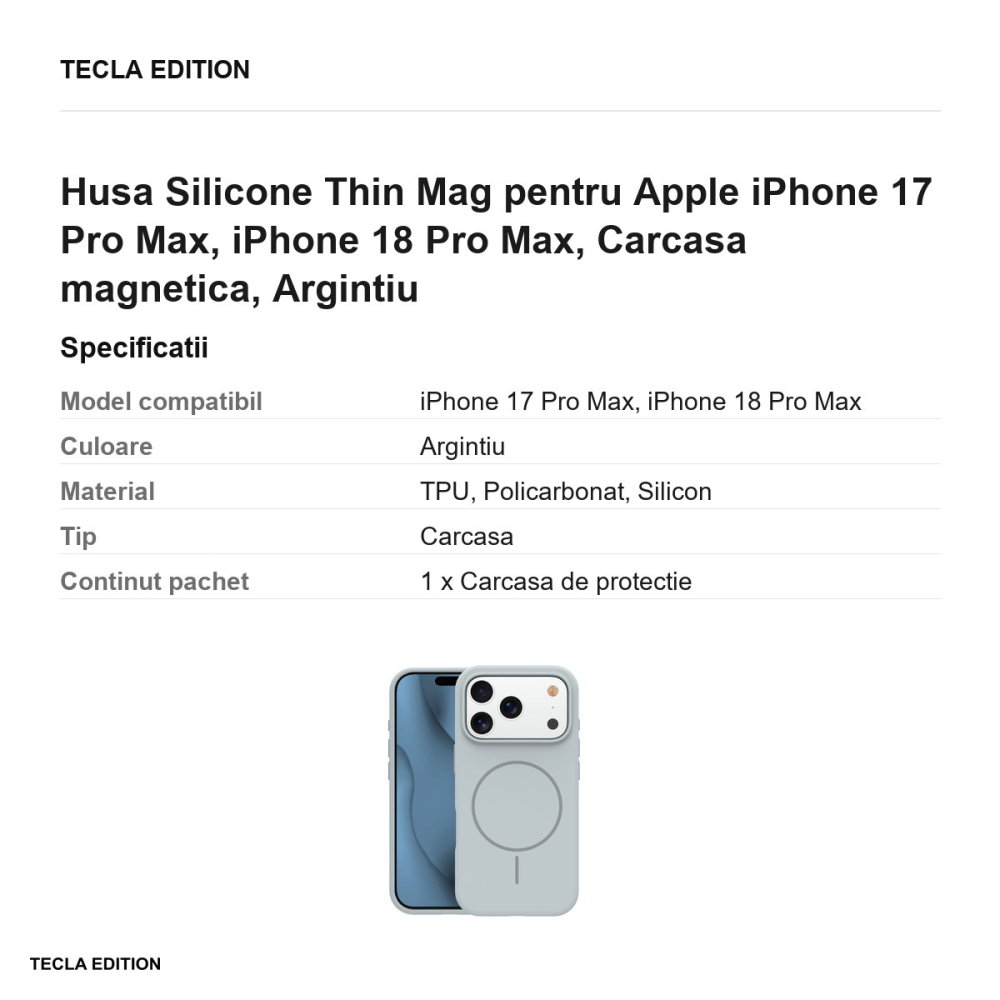 Husa Silicone Thin Mag pentru Apple iPhone 17 Pro Max, iPhone 18 Pro Max, Carcasa magnetica, Argintiu [3]