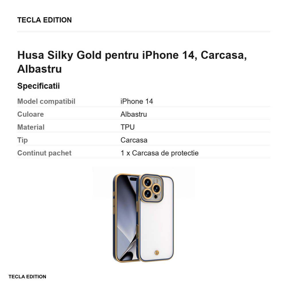 Husa Silky Gold pentru iPhone 14, Carcasa, Albastru [3]