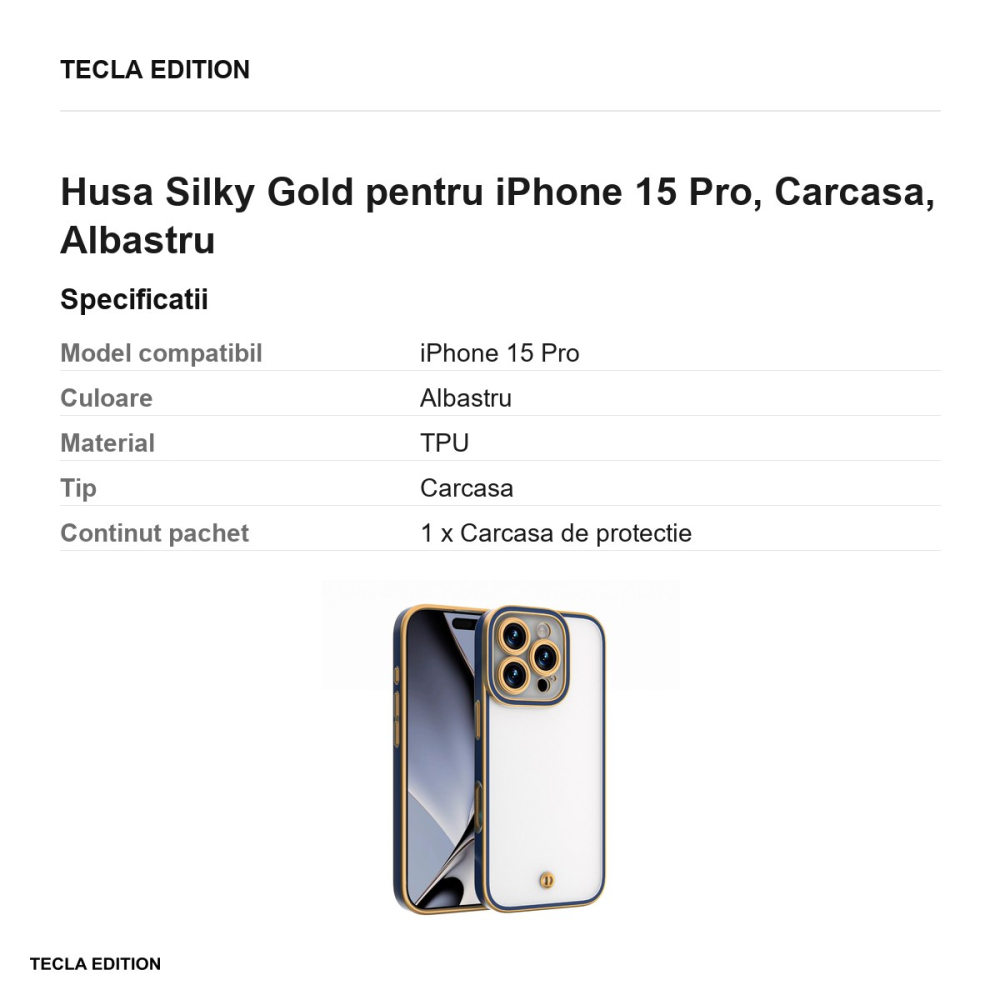 Husa Silky Gold pentru iPhone 15 Pro, Carcasa, Albastru [3]