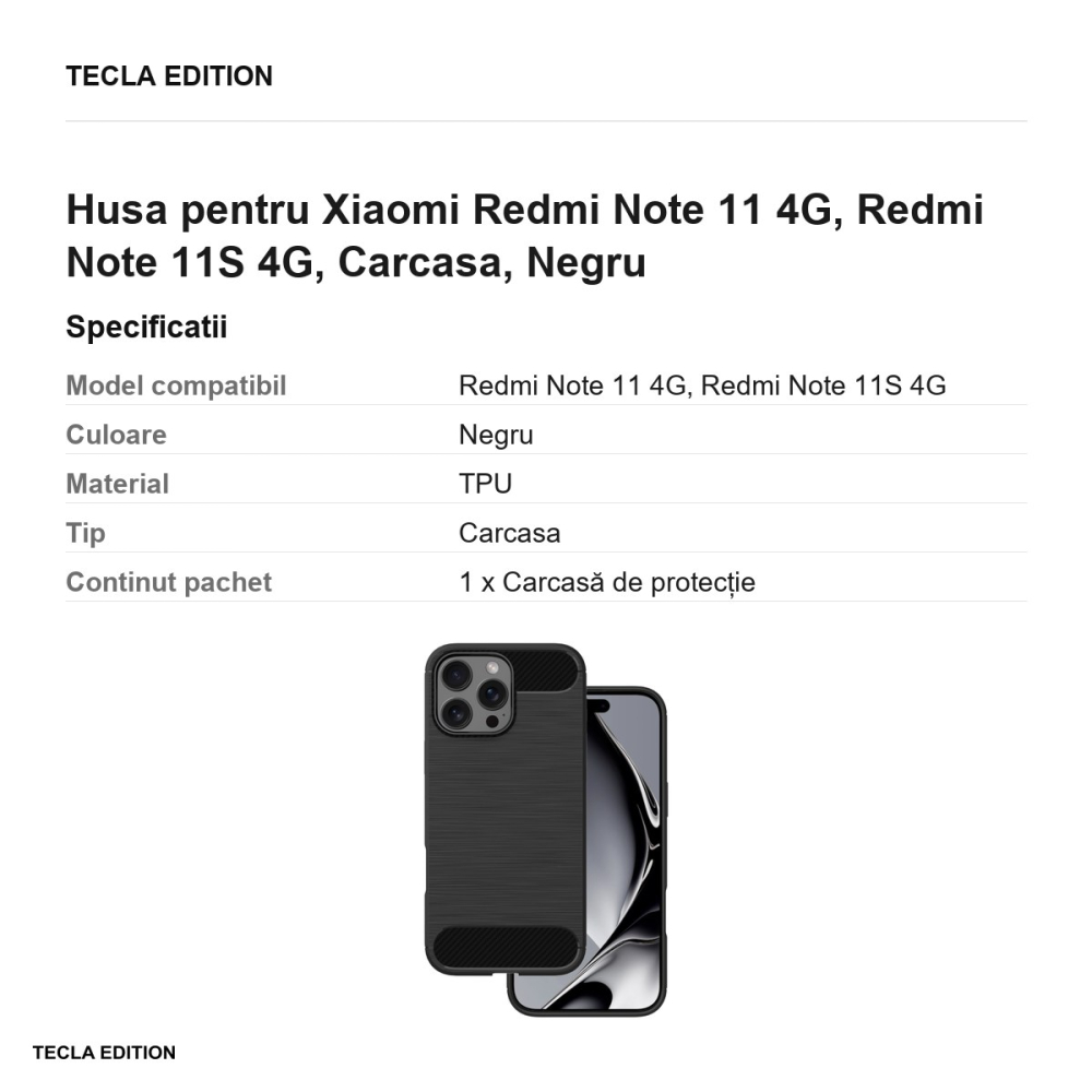 Husa Simple Black pentru Xiaomi Redmi Note 11 4G, Redmi Note 11S 4G, Carcasa, Negru [3]
