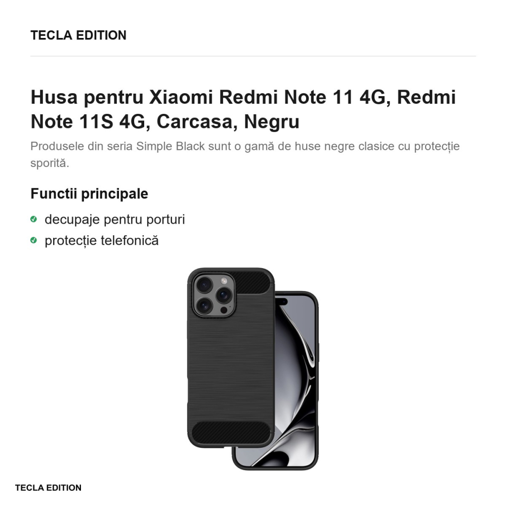 Husa Simple Black pentru Xiaomi Redmi Note 11 4G, Redmi Note 11S 4G, Carcasa, Negru [2]