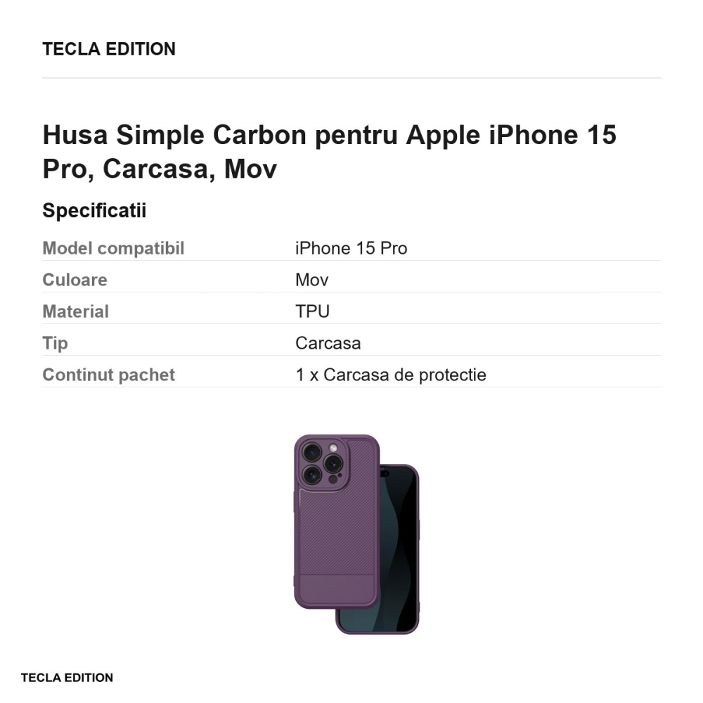 Husa Simple Carbon pentru Apple iPhone 15 Pro, Carcasa, Mov [3]