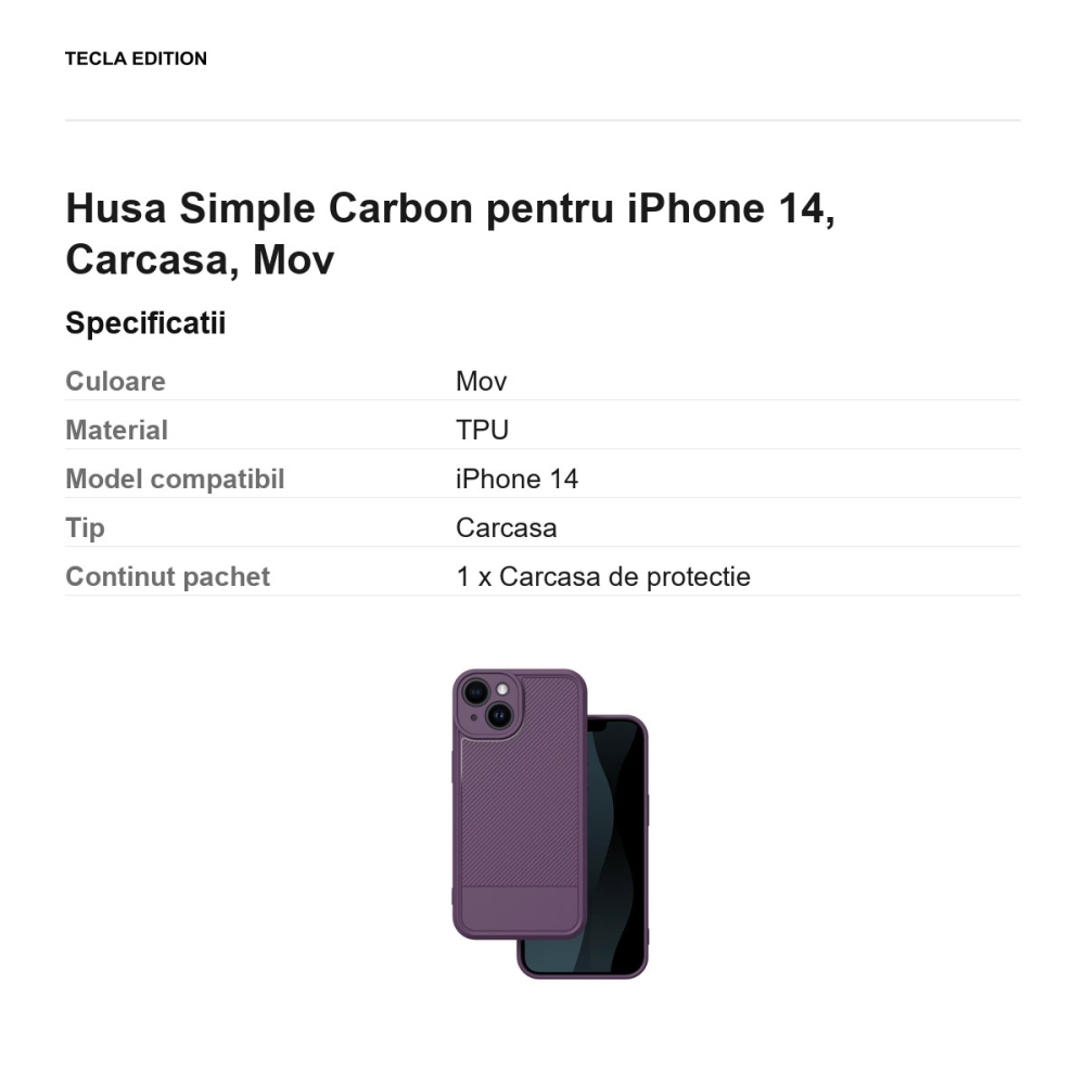 Husa Simple Carbon pentru iPhone 14, Carcasa, Mov [3]