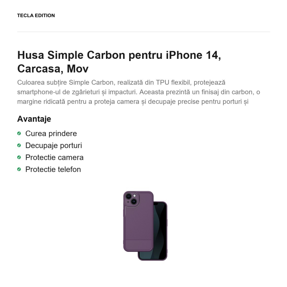Husa Simple Carbon pentru iPhone 14, Carcasa, Mov [2]