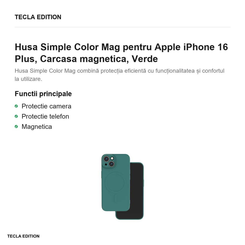Husa Simple Color Mag pentru Apple iPhone 16 Plus, Carcasa magnetica, Verde [2]