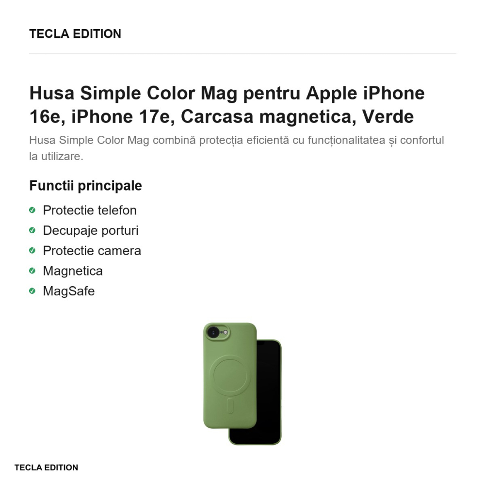 Husa Simple Color Mag pentru Apple iPhone 16e, iPhone 17e, Carcasa magnetica, Verde [2]