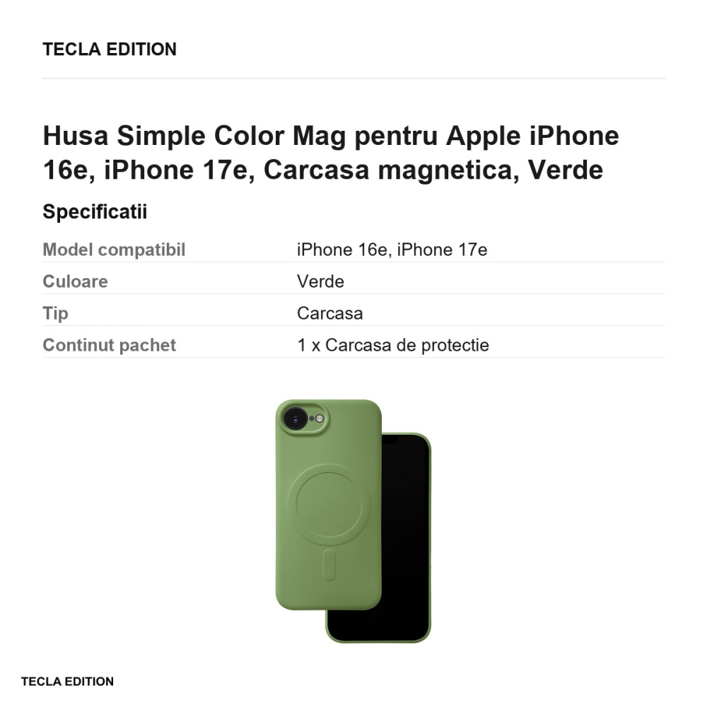 Husa Simple Color Mag pentru Apple iPhone 16e, iPhone 17e, Carcasa magnetica, Verde [3]