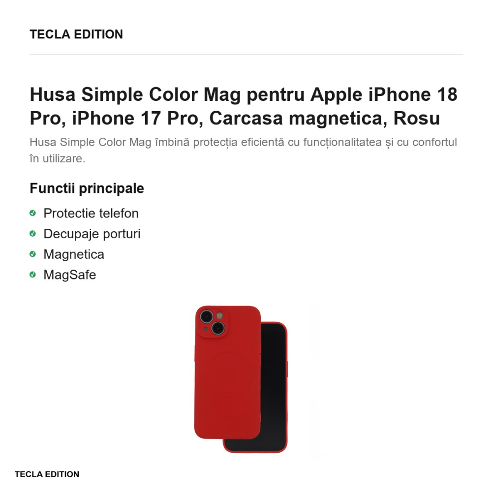Husa Simple Color Mag pentru Apple iPhone 18 Pro, iPhone 17 Pro, Carcasa magnetica, Rosu [2]