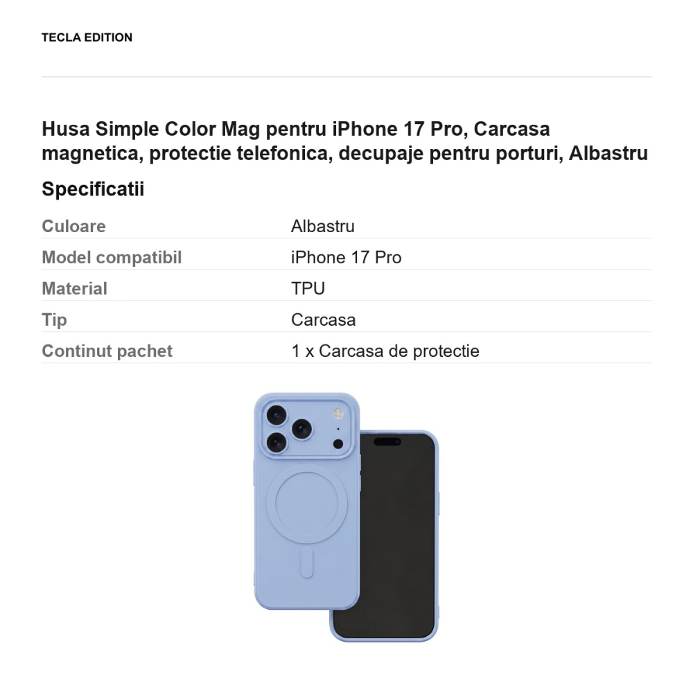 Husa Simple Color Mag pentru iPhone 17 Pro, Carcasa magnetica, protectie telefonica, decupaje pentru porturi, Albastru [3]