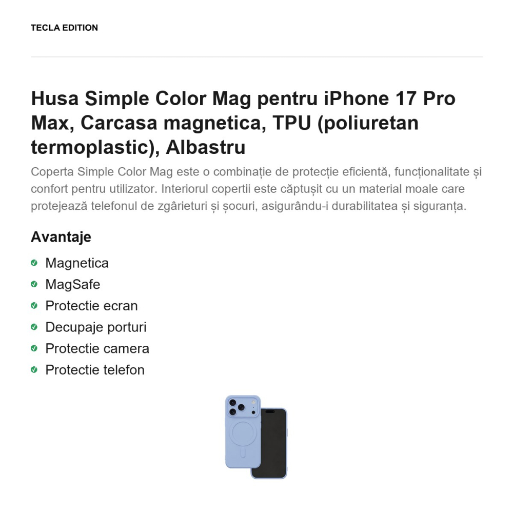 Husa Simple Color Mag pentru iPhone 17 Pro Max, Carcasa magnetica, TPU (poliuretan termoplastic), Albastru [2]