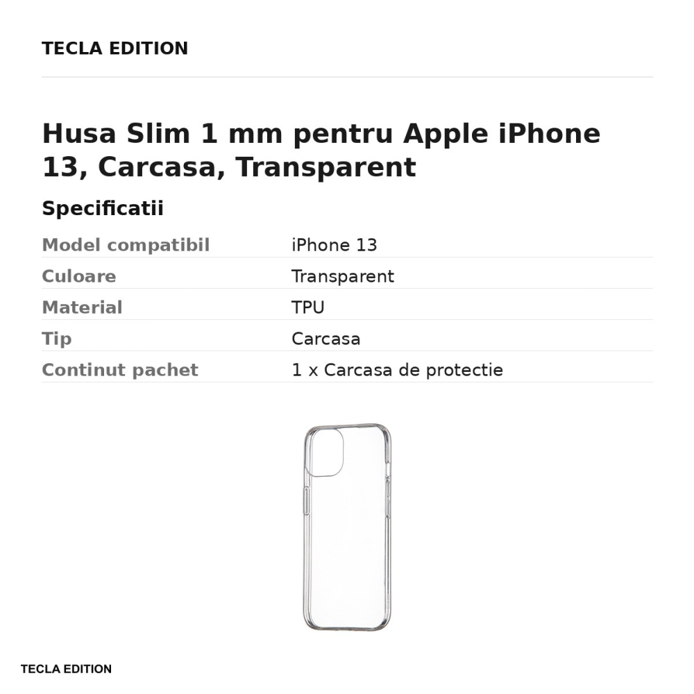Husa Slim 1 mm pentru Apple iPhone 13, Carcasa, Transparent [3]