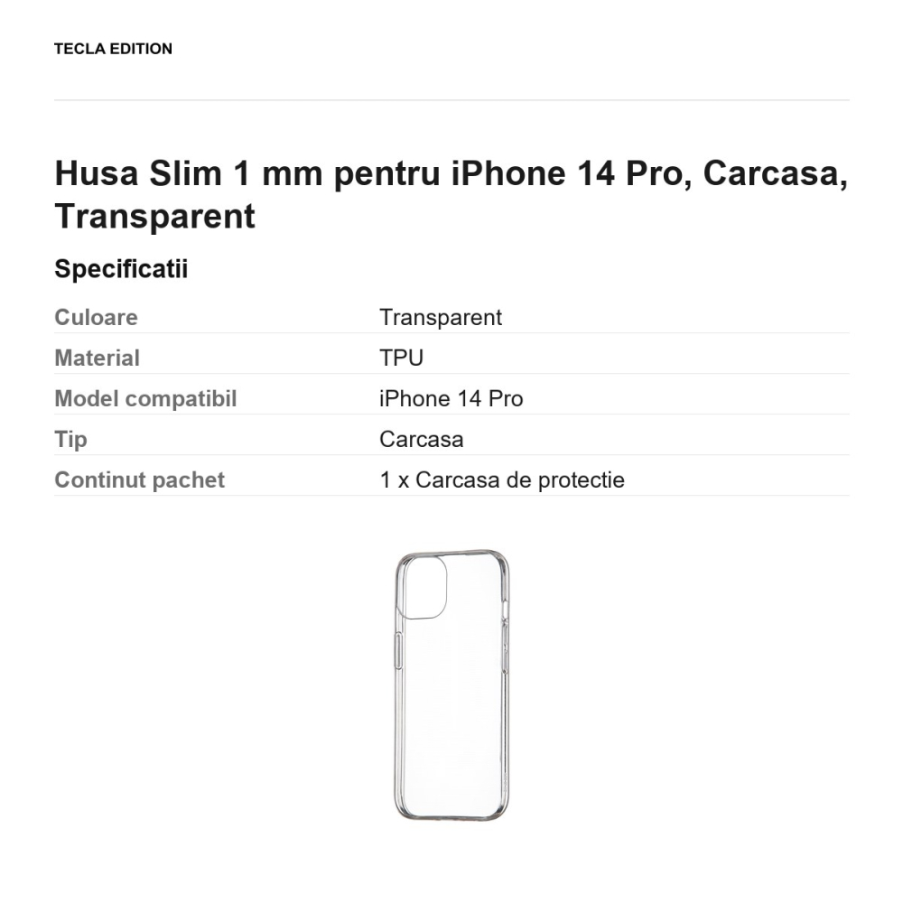 Husa Slim 1 mm pentru iPhone 14 Pro, Carcasa, Transparent [3]