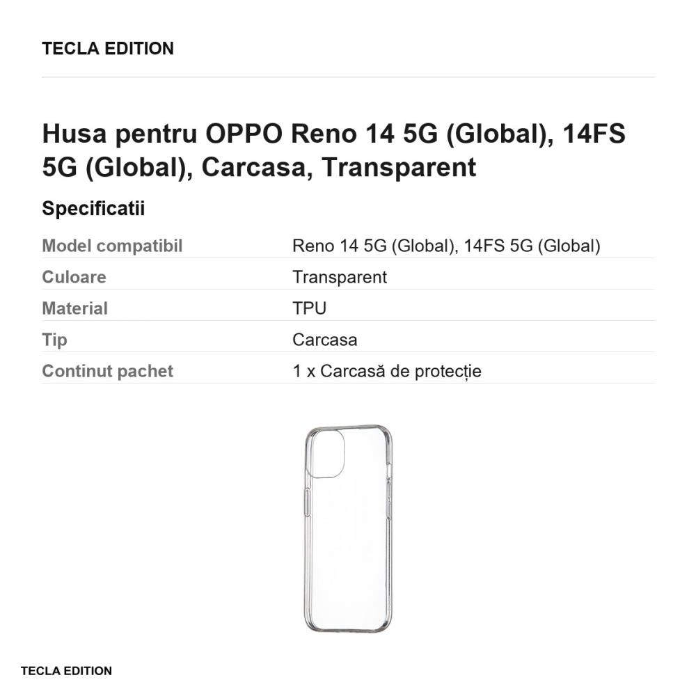 Husa Slim 1 mm pentru OPPO Reno 14 5G (Global), 14FS 5G (Global), Carcasa, Transparent [3]
