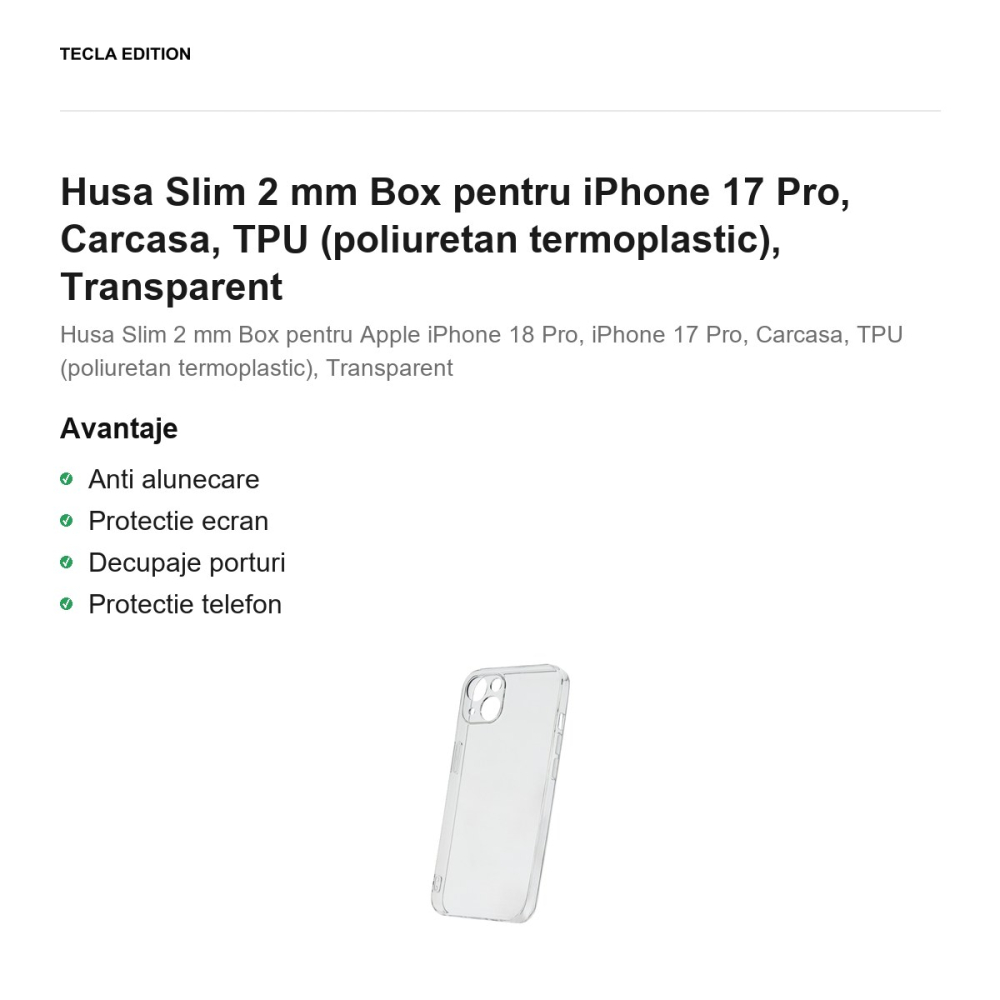 Husa Slim 2 mm Box pentru iPhone 17 Pro, Carcasa, TPU (poliuretan termoplastic), Transparent [2]