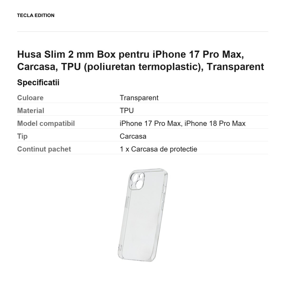 Husa Slim 2 mm Box pentru iPhone 17 Pro Max, Carcasa, TPU (poliuretan termoplastic), Transparent [3]